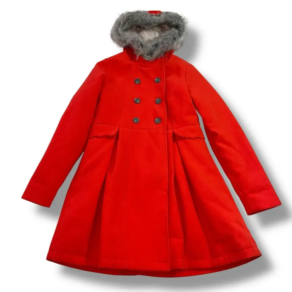 Cat & Jack Girls Dress Coat Jacket Faux Fur Hood Double Breasted Knee Length Red